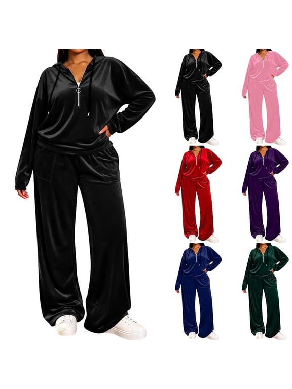 2 Piece Women's Velour Tracksuit, 1/2-Zip Long Sleeve Hoodies Elastic Waist Pants, Fall Vintage Soft Casual Sets S-3XL