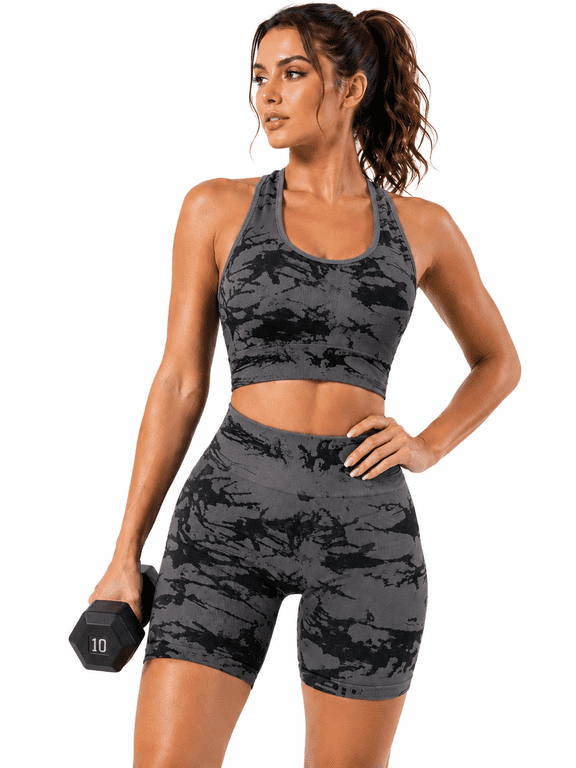 2 Piece Women's Workout Set, High Waisted Biker Shorts and Sports Bra, Tie Dye Yoga Activewear Outfit
