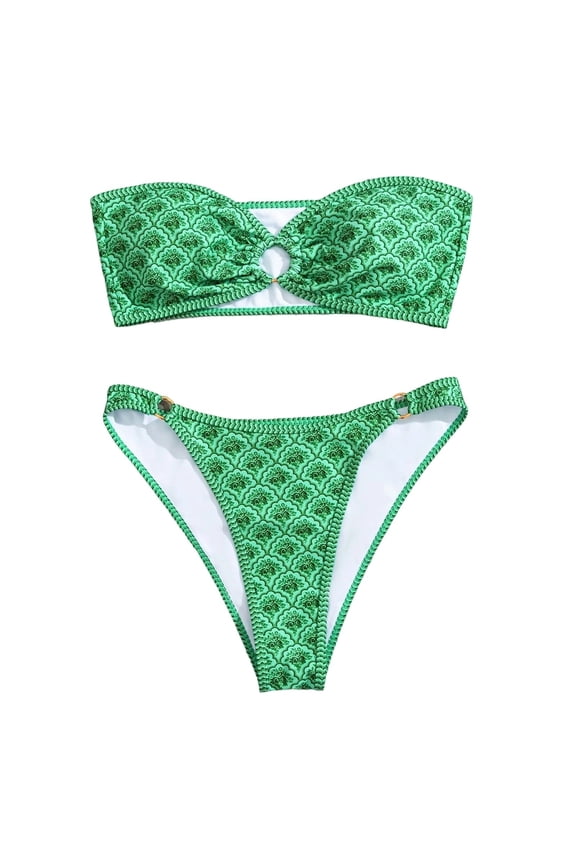 2 Piece Womens Bikini Strapless Bikini Set Printed Swimsuit Halter Bandeau Top with Matching Bottoms Vacation Pool Beach Green L