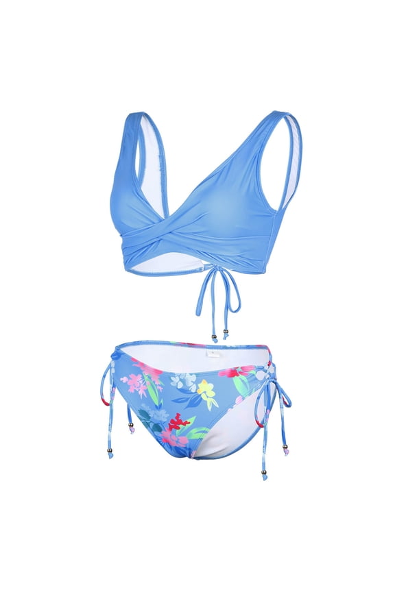 2 Piece Womens Bikini Swimsuit Sweet Bow Floral Stripe Bikini Set Reversible Swimsuit Separates Summer Beach Bathing Suit Sky Blue XS