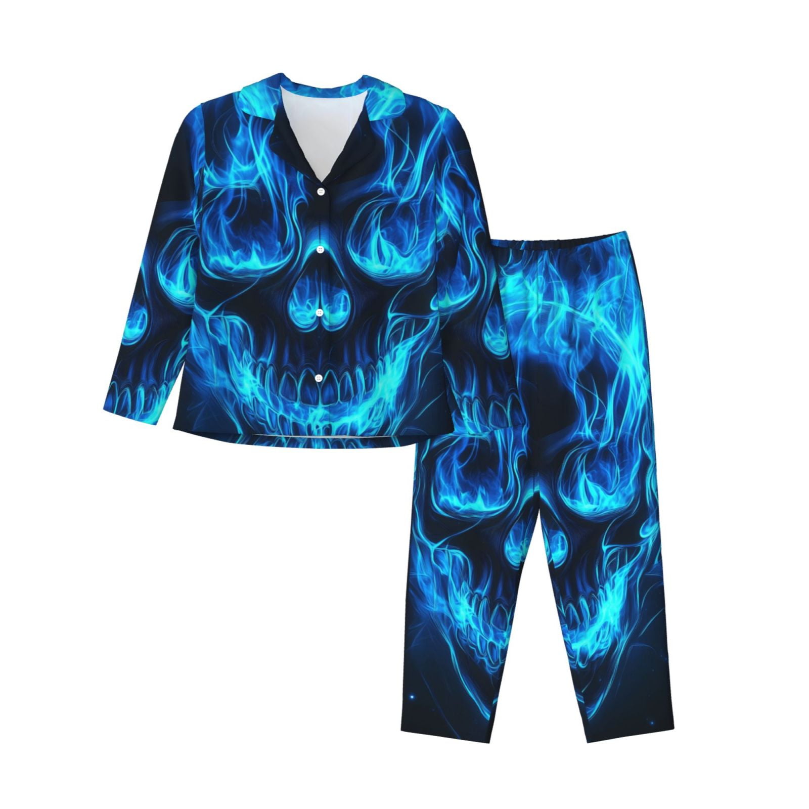 2 Piece Womens Pajama Sets Blue flame cool skull Soft Sleepwear Comfy