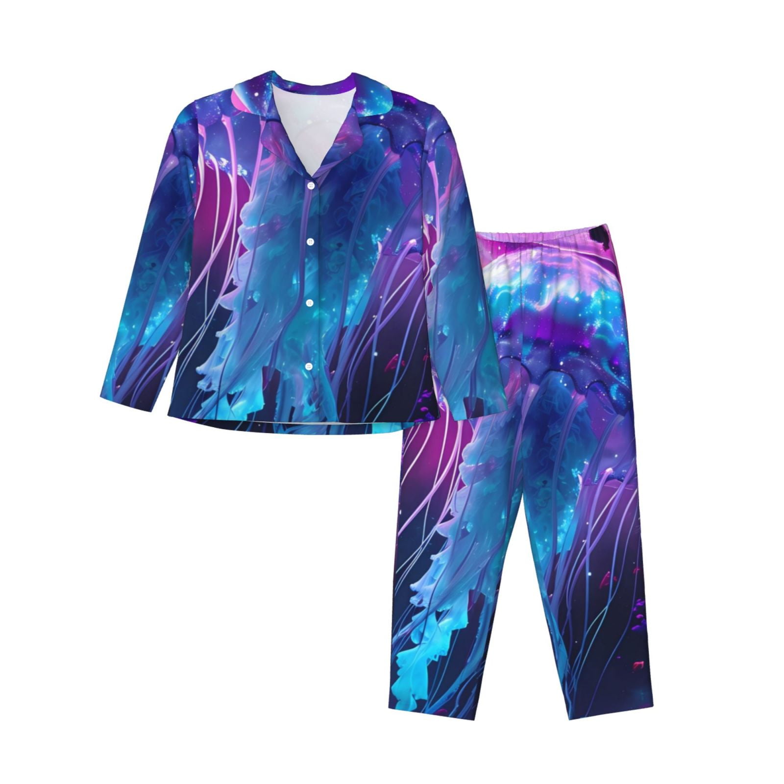 Anjue Women's Button-Down Pajama Set - Soft Modal Sleepwear With Chest Pocket, Lake Blue Star Print (XXL)