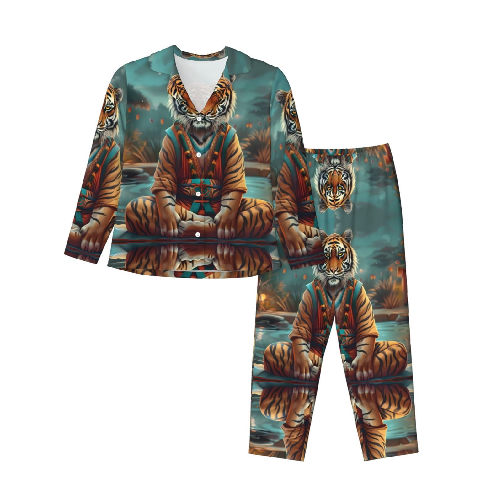 2 Piece Womens Pajama Sets Pond Meditating Tiger Soft Sleepwear Comfy