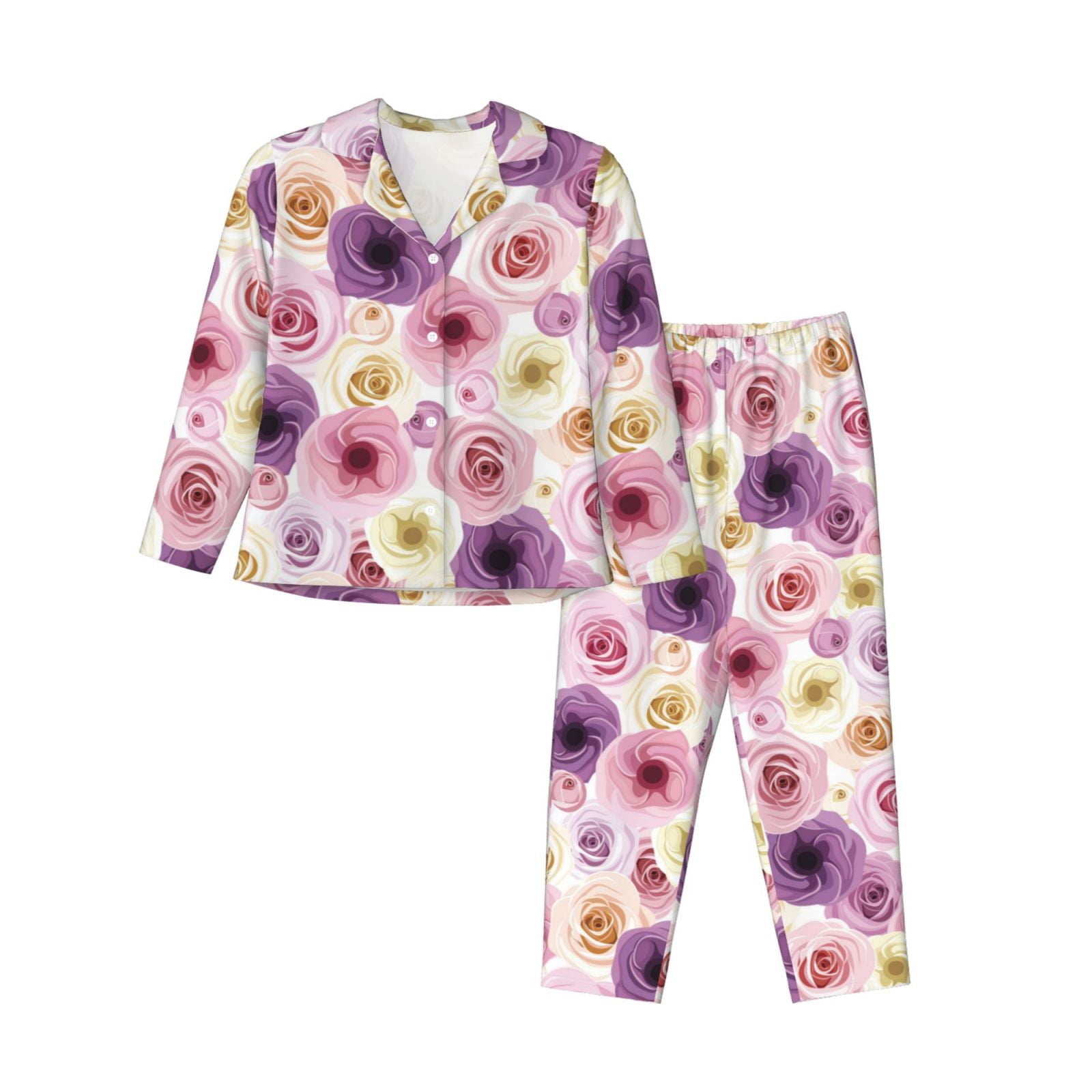 WDIRARA Women's Floral Satin Pajama Set - 2 Piece Long Sleeve Button-Up Sleepwear & Loungewear