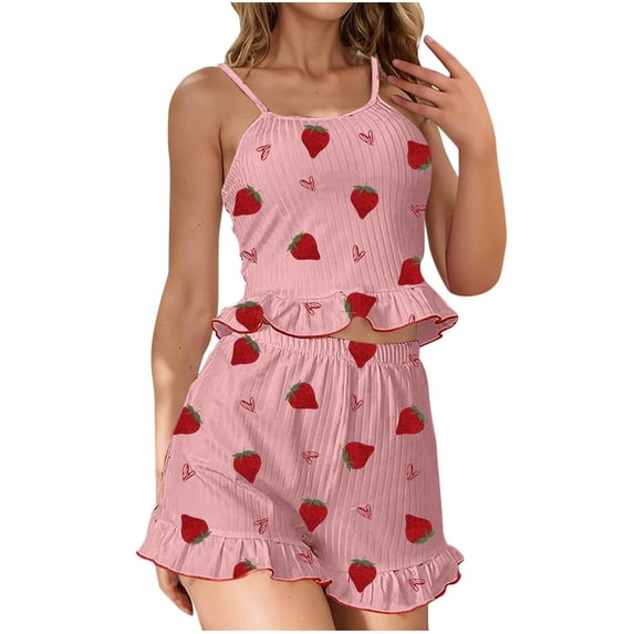2 Piece Womens Pajamas Set BWASD Ribbed Ruffled Cami Top and Shorts Soft Heart Print Home Suit Nightwear Loungewear Comfy Sleepwear Summer Outfits 2026 S-XL