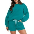thumbnail image 1 of 2 Piece Womens Sweatsuits Baggy Crewneck Sweatshirt Top and Elastic Waist Shorts Sets Long Sleeve Jogger Outfits (M, Teal Blue), 1 of 7