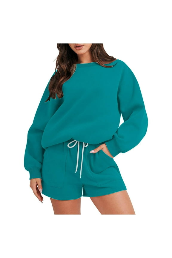 2 Piece Womens Sweatsuits Baggy Crewneck Sweatshirt Top and Elastic Waist Shorts Sets Long Sleeve Jogger Outfits (S, Teal Blue)