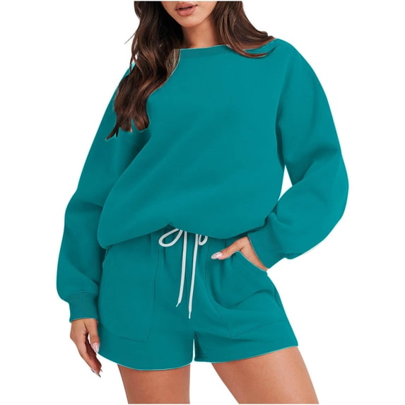 2 Piece Womens Sweatsuits Baggy Crewneck Sweatshirt Top and Elastic Waist Shorts Sets Long Sleeve Jogger Outfits (XL, Teal Blue)