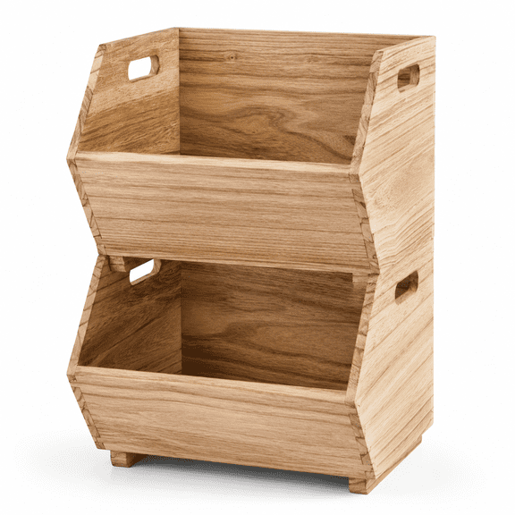 2-Piece Wood Stackable Open Front Storage Bins, 11.02 x 10 x 8.27 in, Cut-Out Handles, Indoor Organizer Baskets