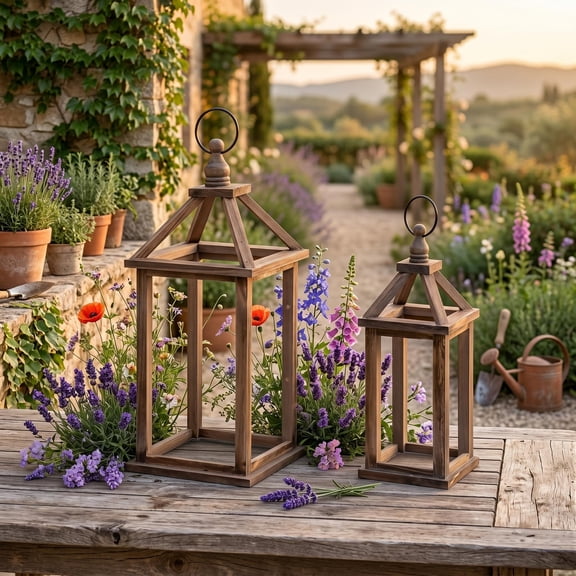 2-Piece Wooden Candle Lantern Set  Farmhouse Hanging Lanterns  16.1" & 12.2" H  Rustic Pine Wood Frame  Bedroom, Entryway, Patio  Brown