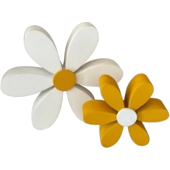 2 Piece Wooden Daisy Table Decorations, Freestanding White and Yellow Flower Desk Decor for Office, Bedroom, Shelf and Spring Home Accents
