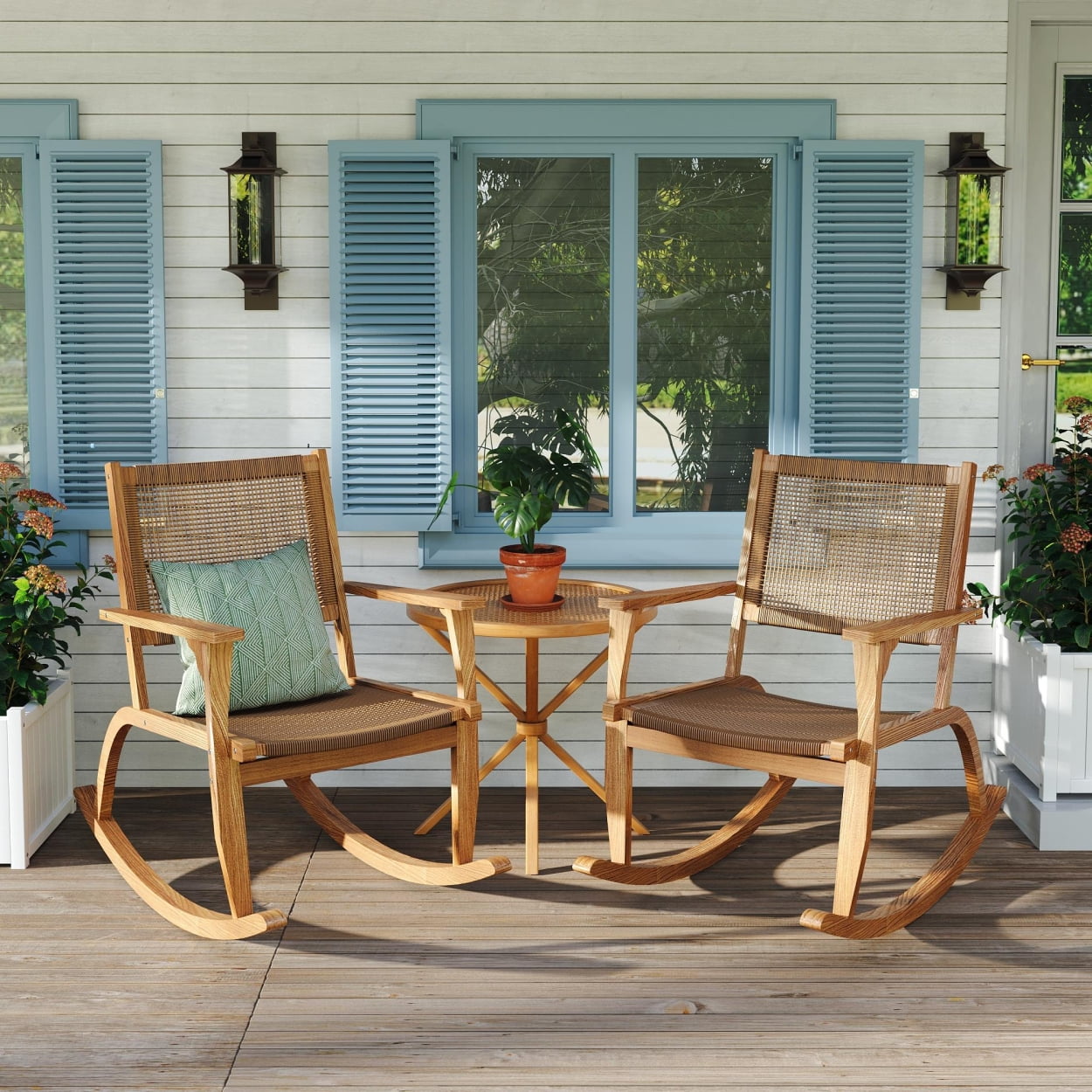 2-Piece Wooden Rocking Chair Set with Wicker Rattan Seating, Durable ...