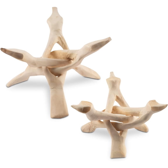 2 Piece Wooden Tripod Stand 4" & 6" Hand-Carved Room Decor Holder
