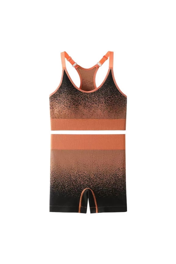 2 Piece Workout Outfits Women's Gradient Activewear Yoga Set Racerback Sports Bra Biker Seamless Shorts Orange One Size