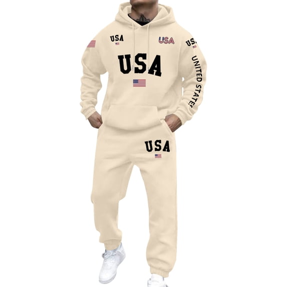 2 Piece Workout Sets for Men American Flag Print Hooded Sweatshirts with Pocket & Loose Fit Trousers with Drawstring Sets Autumn Winter Sweatsuit Beige L