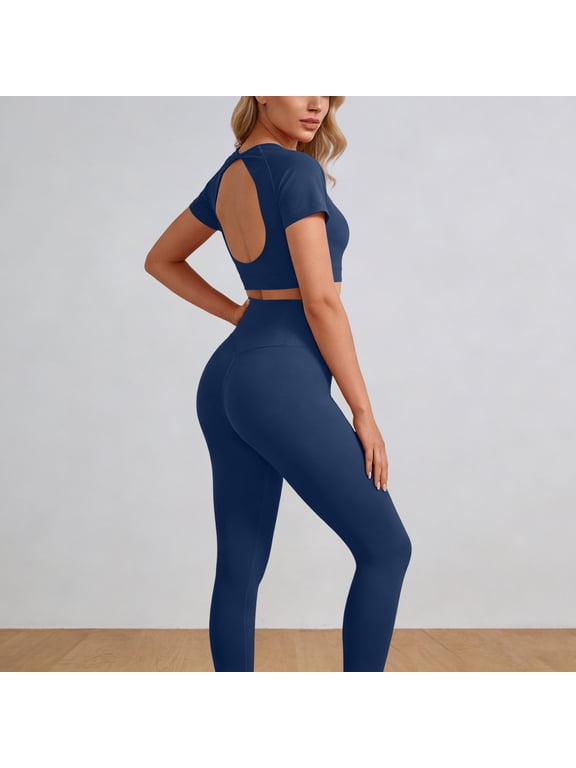 2 Piece Workout Sets for Women Tummy Control Yoga Leggings and Cropped Short Sleeve Top Athletic Gym Set Womens Solid Sport Workout Outfit