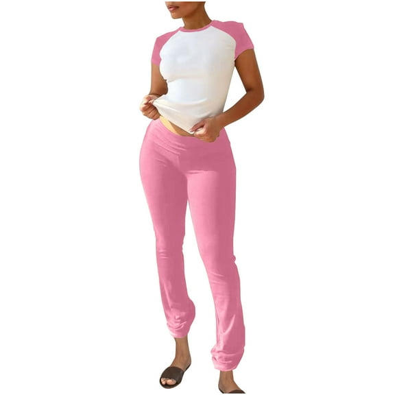 2 Piece Workout Sets for Women Color Block Short Sleeve Shirts Matching High Waist Leggings Sets Gym Outfits