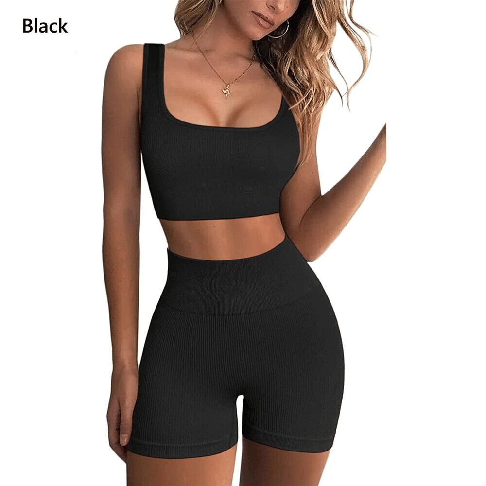 2 Piece Workout Sets for Women High Waist Shorts Seamless Ribbed Crop Tank  Set Yoga Outfits Sports Bra Exercise Set 