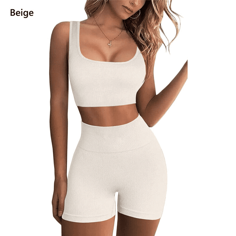 2 Piece Workout Sets for Women High Waist Shorts Seamless Ribbed