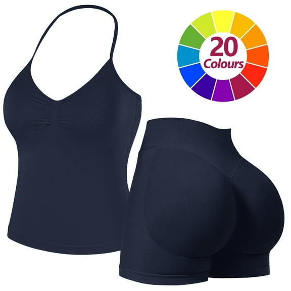 2 Piece Workout Sets for Women Padded Sports Bra Tank Impact Longline Strappy Backless Top Booty Gym Biker Shorts Gym Sets