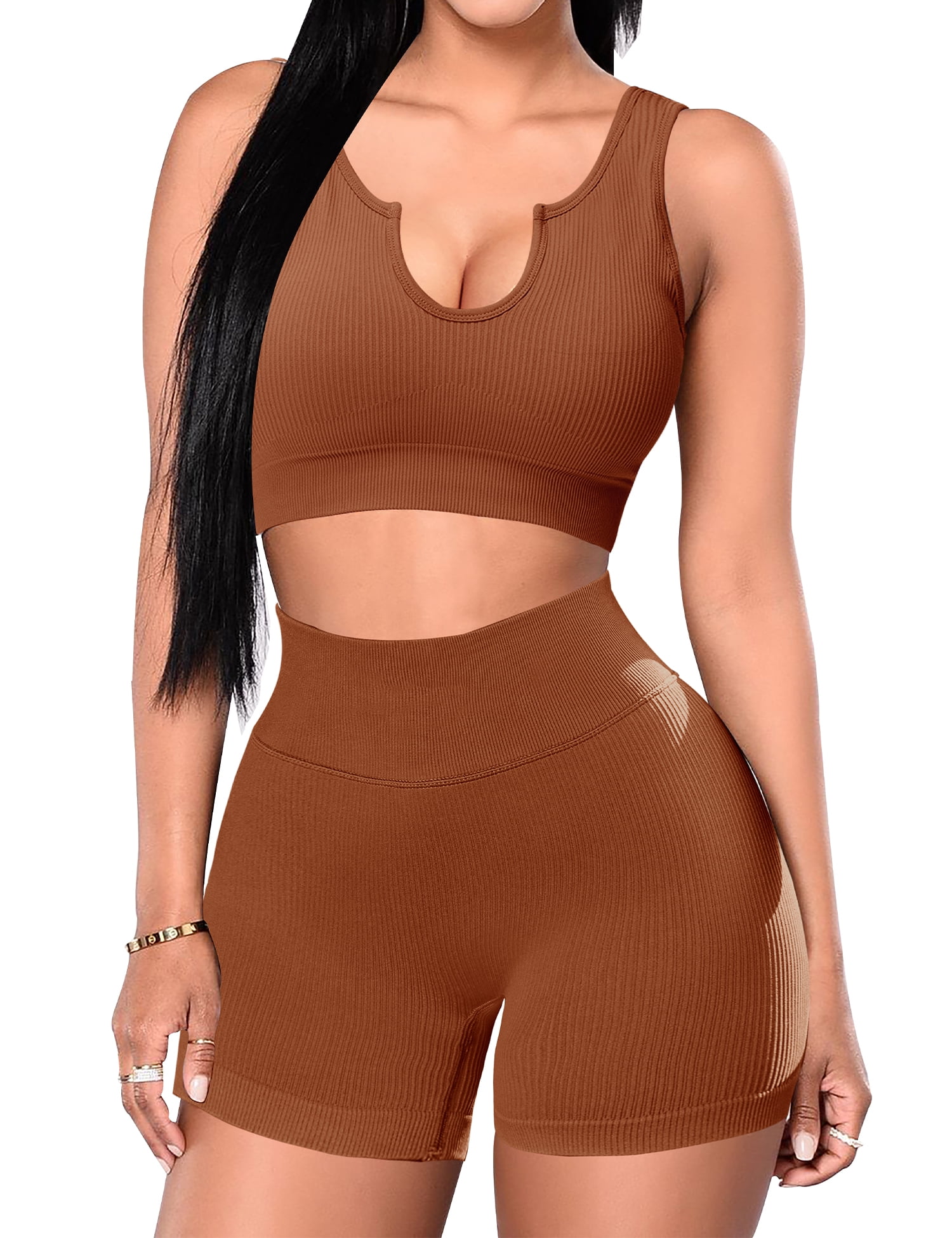  Brown 2 Piece Workout Set for Women Outfit Gym High Waist  Leggings with Padded Push Up Sport Bra M : Sports & Outdoors