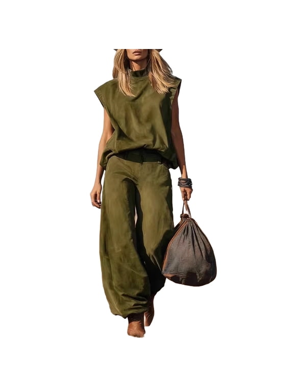 2 Piece Workout Sets for Women Summer Mock Neck Western Style Loose Wide Leg Pants Solid Color Casual Set