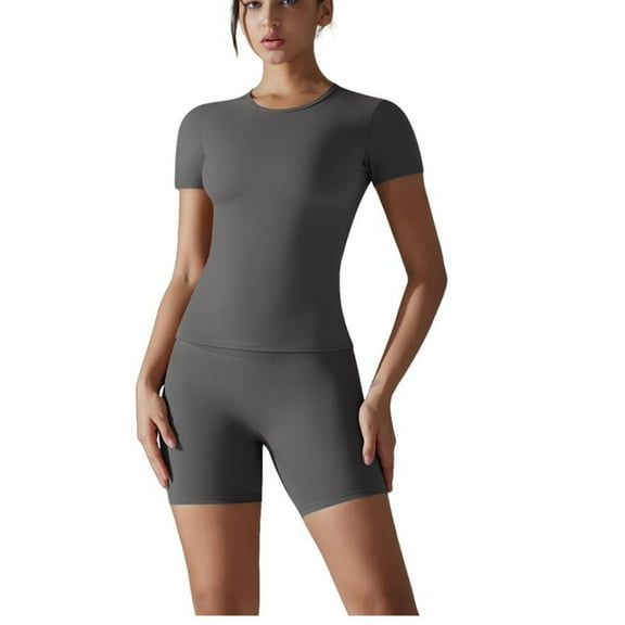 2 Piece Workout Sets for Women Tight Short Sleeve Shirt Gym Biker Shorts Outfits Matching Set Sweatsuits