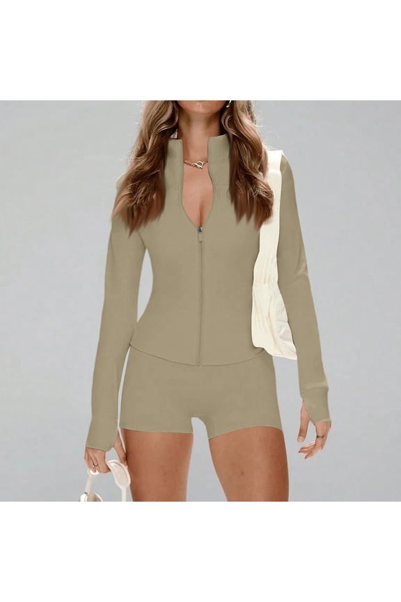 2 Piece Workout Sets for Women Zipper Long Sleeve Jacket and High Waist Shorts Sports Yoga Gym Sets Khaki XS