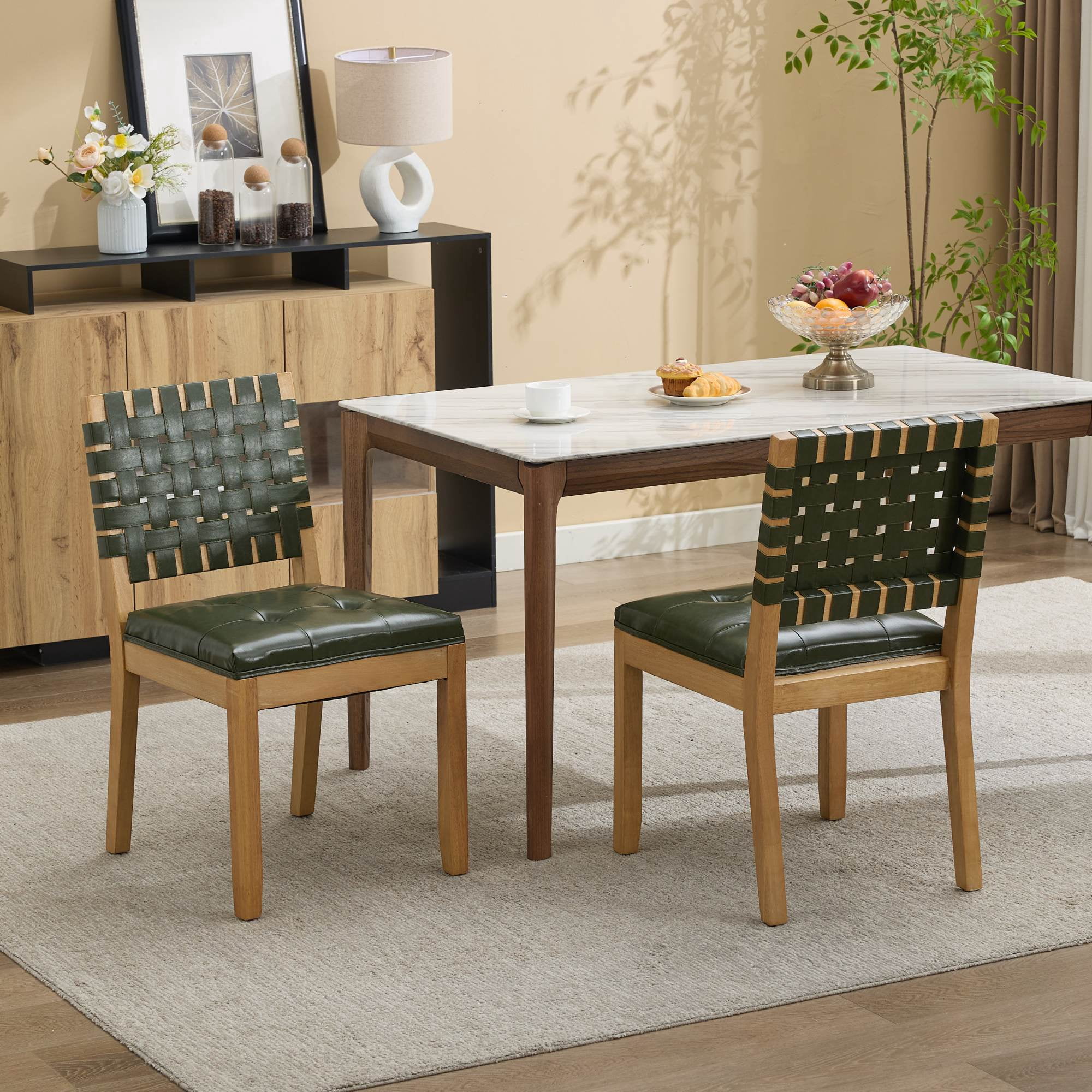 2-Piece Woven Backrest Dining Chairs, Mid‑Century Modern Armless Kitchen Chairs, PU Leather Upholstered Seat Accent Side Chair