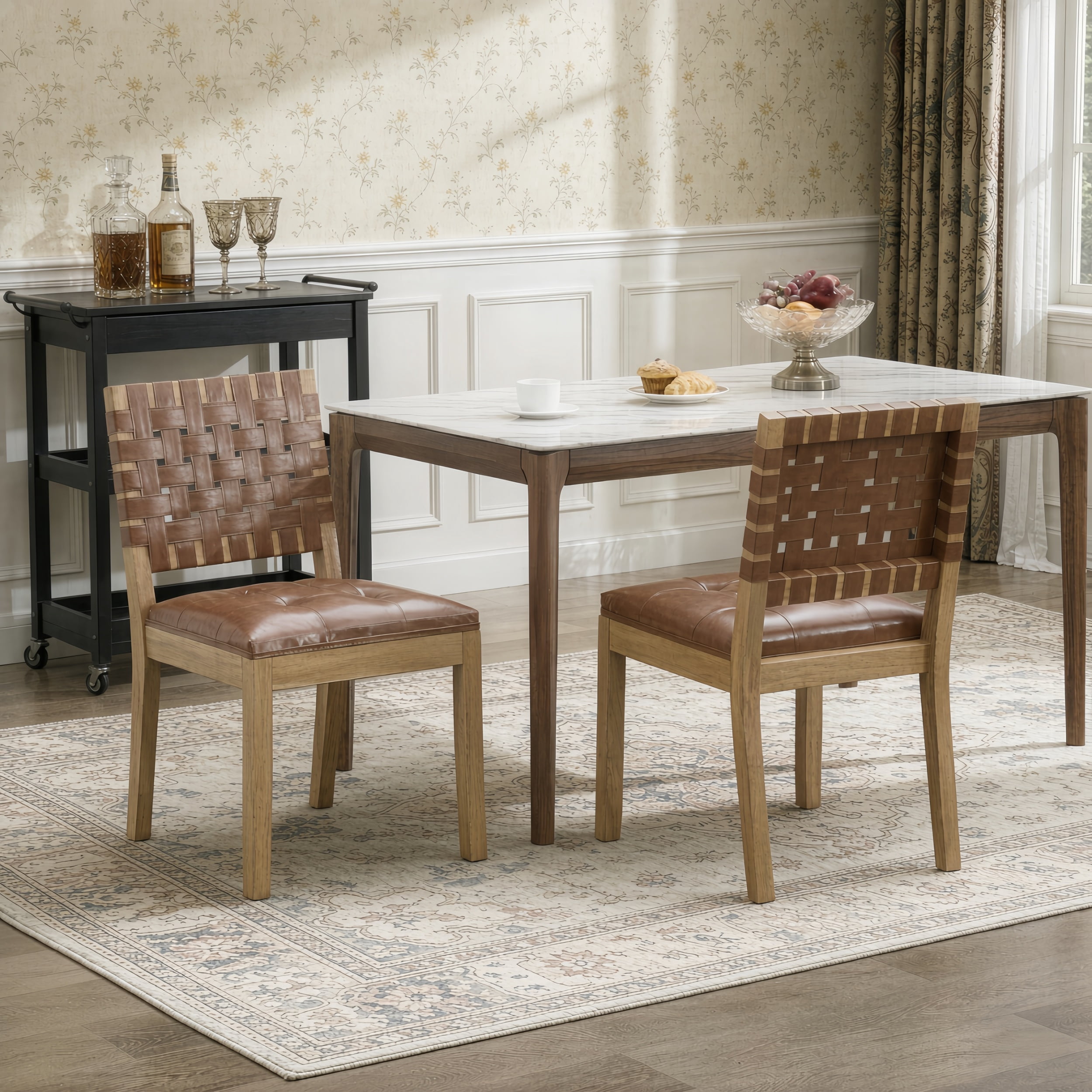 2-Piece Woven Backrest Dining Chairs, Mid‑Century Modern Armless Kitchen Chairs, PU Leather Upholstered Seat Accent Side Chair