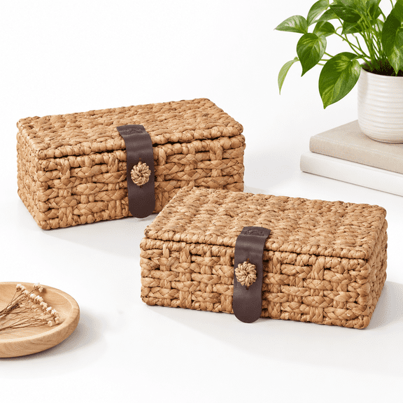 2-Piece Woven Decorative Storage Boxes with Lids, Water Hyacinth Wicker for Home Table Console Decor