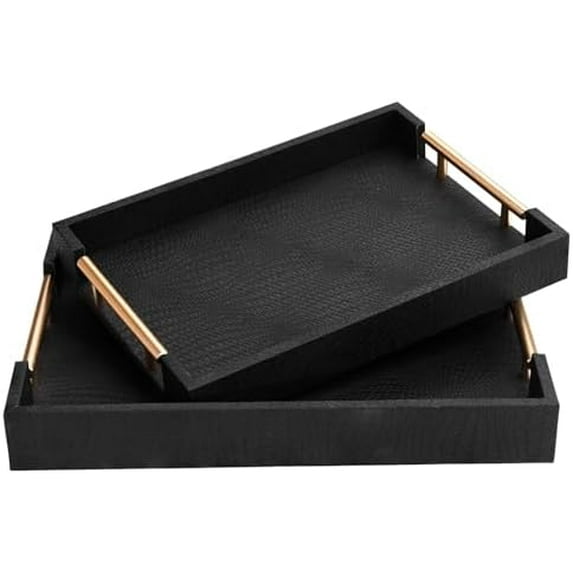 2 Piece Woven Leather Ottoman Tray with Gold Handles, Perfect ...