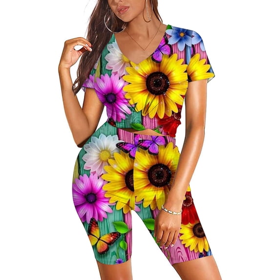 2 Piece Yoga Outfits for Women Casual Summer V Neck Short SleeveTops And Short Pants Suit Two Piece Summer Sets