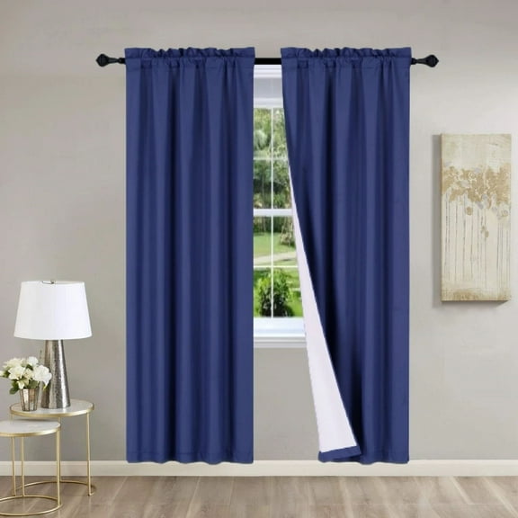 2 Piece navy solid color matte light filtering blackout panel window curtain treatment with rod pocket 100% privacy 37" inch wide X 108" inch length each panel R64