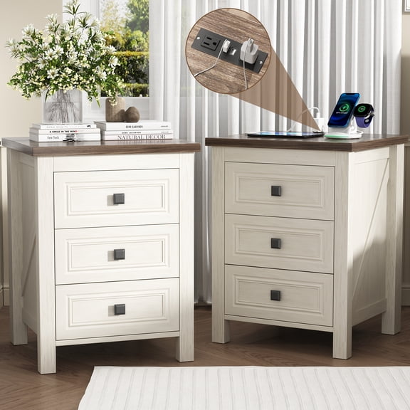 2-Piece Nightstand for Bedroom,Farmhouse Nightstand with Drawer,Bedside Tables End Table for Living Room,Flute Wood Side Table,White