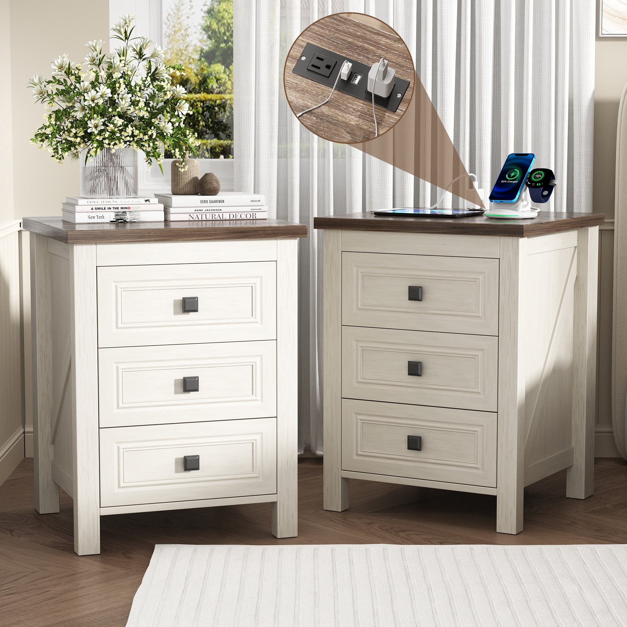 2-Piece Nightstand for Bedroom,Farmhouse Nightstand with Drawer,Bedside Tables End Table for Living Room,Flute Wood Side Table,White