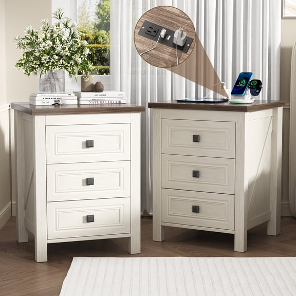 2-Piece Nightstand for Bedroom,Farmhouse Nightstand with Drawer,Bedside Tables End Table for Living Room,Flute Wood Side Table,White
