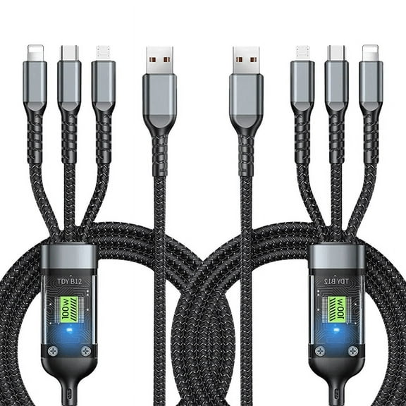 2 Pieces 1.2M/4ft Nylon Braided 100w Led 3 in 1 Digital Display USB Charging Cable with Type-C, Micro USB, IP Port for iPhone Samsung Huawei Xiaomi Multi-Port Multi-Charging Cable