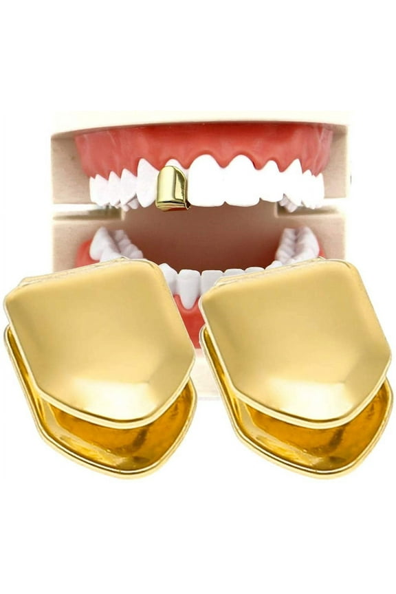 2 Pieces 14K Plated Gold Mouth Teeth, Teeth Plain , Top Tooth Single Grill Cap for Teeth Mouth, Party Accessories Teeth Grills (Color : Gold)