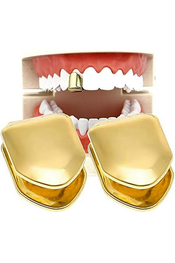 2 Pieces 14k Plated Gold Grillz Mouth Teeth Hip Hop Teeth Plain Top Tooth Single Grill Cap For Teeth Mouth Party Accessories Teeth Grills (color :