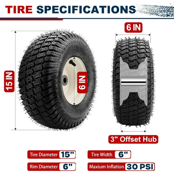 2 Pieces 15x6.00-6 Front Lawn Mower Tires & Wheels - NHS Alloy Steel - for  , John Deere 100 & D100 Series Riding Mowers and Lawn Tractors