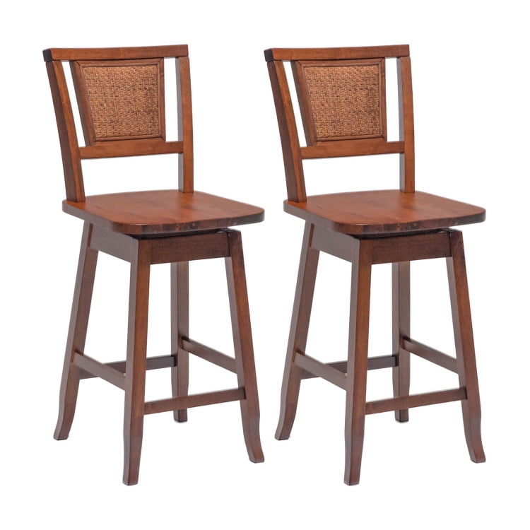 Brown Rubberwood Swivel Bar Stools with Rattan Backrest, Set of 2