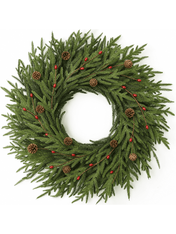 24" Christmas Norfolk Pine Wreath for Front Door  Artificial Xmas Wreath with Pine Cones & Red Berries, Pre-Decorated Holiday Wreath for Indoor Outdoor Home Wall Decor