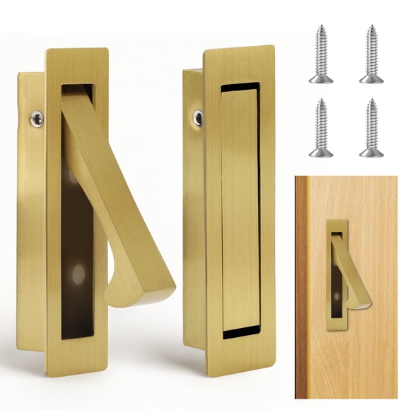 2 Pieces 304 Stainless Steel Pocket Door Pull Hardware, Non Locking Recessed Sliding Door Pulls, Hidden Flush Mount Finger Handle for Closet Cabinet Bathroom Modern Furniture (Gold)