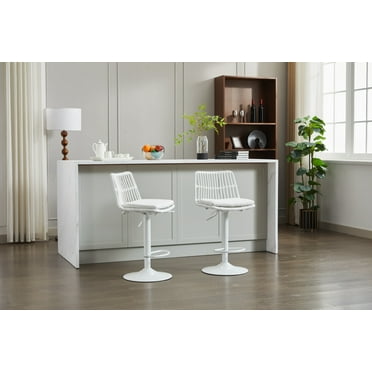 2 Pieces 360° Swivel Bar Stools, Rattan Barstools Adjusatble Seat Height from 34.64" to 42.91", Bar Stools with Backrest for Home Pub and Kitchen Island, White