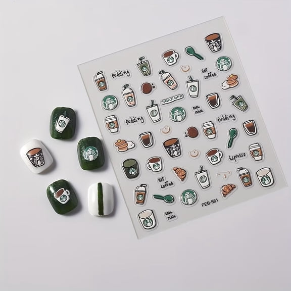 2 Pieces 3D Embossed Coffee Cup & Milk Tea Spoon Nail Art Stickers - Creative Designs for Unique Manicures