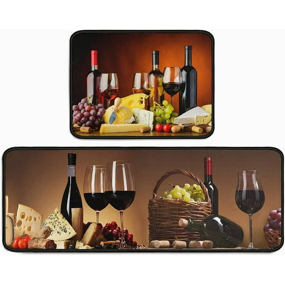 2 Pieces 3D Wine Decor Themed Kitchen Mats and Rug Set Kitchen Mat - Water Absorb Microfiber Kitchen Rug Wine Decorations for Kitchen 17"x47"+17" x23" Wine Glass Rugs