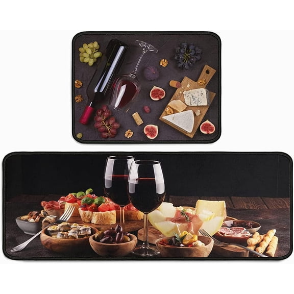 2 Pieces 3D Wine Decor Themed Kitchen Mats and Rug Set Kitchen Mat - Water Absorb Microfiber Kitchen Rug Wine Decorations for Kitchen 17"x47"+17" x23" Wine Glass Rugs