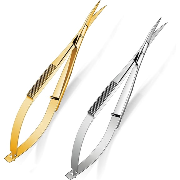 2 Pieces 4.7 Inch Embroidery Scissors Curved Eyebrow Scissors Tip Spring Action Stainless Steel Cutting Eyebrow Trimming Craft(Gold, Silver)