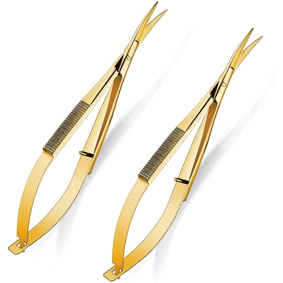 2 Pieces 4.7 Inch Embroidery Scissors Curved Eyebrow Scissors Tip Spring Action Stainless Steel Cutting Eyebrow Trimming Craft(Gold)